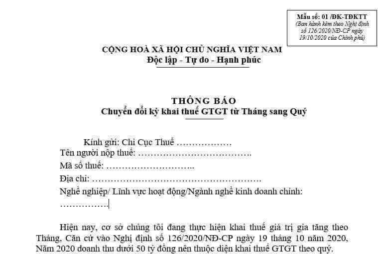 Chuyển đổi kỳ kê khai thuế giá trị gia tăng từ tháng sang quý